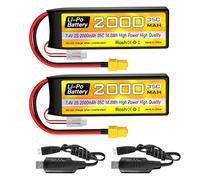 2PCS 7.4V 2000mAh 2S Lipo Battery 35C with XT60 Plug with USB Charging Cable for RC Car Truck RC Boat RC Quadcopter FPV Drone Battery
