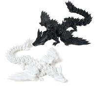 2PCS 9" 3D Printed Dragon, Articulated Flying Dragon Fidget Toy, Flexible Pearly Sheen Crystal Wing Dragon Home Office Decor Desk Toy (Wing Black-White)