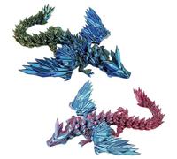 2PCS 9" 3D Printed Dragon, Articulated Flying Dragon Fidget Toy, Flexible Pearly Sheen Crystal Wing Dragon Home Office Decor Desk Toy (Wing Blue Gold - Blue Red)