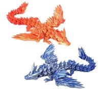 2PCS 9" 3D Printed Dragon, Articulated Flying Dragon Fidget Toy, Flexible Pearly Sheen Crystal Wing Dragon Home Office Decor Desk Toy (Wing Red Gold - Blue Silver)