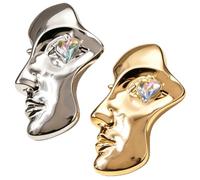 2Pcs Abstract Face Brooch Pin with Heart Crystal Eyes, Gold & Silver Plated Modern Art Statement Brooch, Unique Human Face Lapel Pin for Women, Creative Jewelry Gift for Coat, Scarf