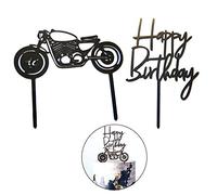 2Pcs Acrylic Black Motorcycle Cake Topper Personalised Cake Placard Decoration Baking Cake Locomotive Style Placard Party Dessert Decoration for Mans Birthday Party or Boys Birthday