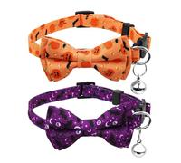 2pcs Adjustable Cat Collar With Bell,Halloween Cat Collar,Dog Collars with Bow Tie,Pumpkin,Bat Pattern Breakaway Pet Collar for Dogs and Cats,Puppy Decoration Accessories
