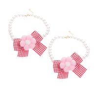 2pcs Adjustable Cat Collar with Flower Bow Lightweight Faux Pearl Beads Dog Necklace for Small Pets Comfortable Pet Costume Supplies for Kittens and Puppies