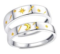 2pcs Adjustable Couple Rings Set with Moon and Star Design, Silver Copper Finger Rings Featuring High Polished Finish, Stylish and Chic Finger Decoration for Promise Or Wedding
