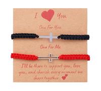 2pcs Adjustable Cross Bracelets, Matching Friendship Couple Bracelets with Metal Cross Charm Red & Black Braided Rope Religious Jewelry for Men Women Christian Jesus Gifts