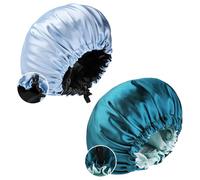 2Pcs Adjustable Satin Sleep Bonnet for Women Wide Elastic Band Double Layer Silk Lined Long Curly Hair Protection Cap Extra Large Slouchy Beanie Hats Night Sleeping Hair Wrap Light Blue+Peacock Blue