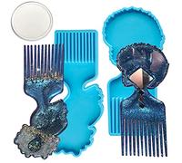 2pcs Afro Female Hair Pick Comb Resin Molds, Afro Hair Comb Resin Molds, Epoxy Casting Comb Molds, 6.5*2.3 inches Comb Mold Set with 1 Mirror for Bags, Pockets, Bathroom, Dressing Table (Blue）HOINCO