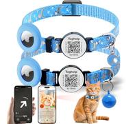 2PCS Airtag Cat Collar Breakaway with Bell and Smart ID tag QR Code, Moons Stars Cute Safety Buckle, Reflective Collar with Airtag Holder Compatible with Apple Airtag for Cat Kitten Puppy (Blue)