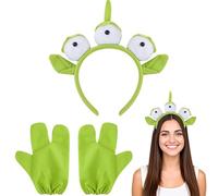 2PCS Alien Headband Set, Toy Story Alien Costume Accessories for Halloween Parties, Cosplay Events, Themed Gatherings, Three-Eyed Headwear with Matching Three-Finger Gloves