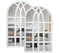 2Pcs Arched Window Mirror, Retro Entry Wall Mirror Decal, Acrylic Rectangle Windowpane, Wood Framed Wall Decor for Living Room Entryway Dining Room Bedroom (White Arched)