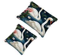 2Pcs Art Swan Flower-1607 Pocket Cosmetic Bag for Purses, Waterproof Makeup Bag Cosmetic Pouch, Portable No Zipper Makeup Bag, Multicolor 08, A:7.1x5.8in/18x14.8cm,B:4.7x4.5in/12x11.5cm
