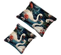 2Pcs Art Swan Flower-1640 Pocket Cosmetic Bag for Purses, Waterproof Makeup Bag Cosmetic Pouch, Portable No Zipper Makeup Bag, Multicolor 05, A：7.1x5.8in/18x14.8cm，B:4.7x4.5in/12x11.5cm