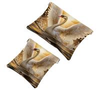 2Pcs Art Swan Flower-1640 Pocket Cosmetic Bag for Purses, Waterproof Makeup Bag Cosmetic Pouch, Portable No Zipper Makeup Bag, Multicolor 10, A:7.1x5.8in/18x14.8cm,B:4.7x4.5in/12x11.5cm