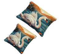 2Pcs Art Swan Flower-1640 Pocket Cosmetic Bag for Purses, Waterproof Makeup Bag Cosmetic Pouch, Portable No Zipper Makeup Bag, Multicolor 06, A:7.1x5.8in/18x14.8cm,B:4.7x4.5in/12x11.5cm