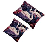 2Pcs Art Swan Flower-1640 Pocket Cosmetic Bag for Purses, Waterproof Makeup Bag Cosmetic Pouch, Portable No Zipper Makeup Bag, Multicolor 01, A:7.1x5.8in/18x14.8cm,B:4.7x4.5in/12x11.5cm