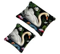 2Pcs Art Swan Flower-1640 Pocket Cosmetic Bag for Purses, Waterproof Makeup Bag Cosmetic Pouch, Portable No Zipper Makeup Bag, Multicolor 08, A:7.1x5.8in/18x14.8cm,B:4.7x4.5in/12x11.5cm