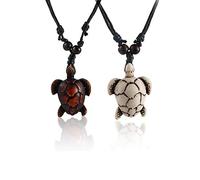 2Pcs Artificial Bone Carving Sea Turtle Pendant Necklaces - Yin Yang Tortoise Medallion Necklace - Hawaiian Animal Lucky Mascot Amulet for Women & Men, 1.2x 1.7 inches, Metal, bone
