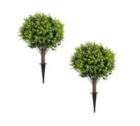 2Pcs Artificial Boxwood Topiary Balls Trees with Ground Spike,24 Inch Artificial Ball Plants Trees Outdoor UV Resistant, Faux Planter Shrubs Evergreen Greenery for Front Door Garden Decor (Green)