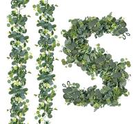 2Pcs Artificial Eucalyptus Garlands,5.9Ft Greenery Garland With White Flowers Artificial Garland Plant Fake Hanging Green Leaves Vines Faux Silver Dollar Ivy Vine Plant for Wedding Arch Table Decor