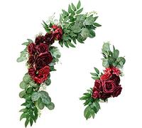 2pcs Artificial Flower Swag, Wedding Flowers Garlands for Welcome Sign Floral Decor, Artificial Wedding Arch Flowers Kit Burgundy Rose Peony Arbor Floral Arrangement Swag, qzjijosen (Wine Red)