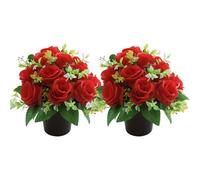 2PCS Artificial Flowers for Graves, Red Roses in Pots, 8.7x9.1 Inch Portable Cemetery Flower Pots, Weather-Resistant Silk Flowers for Memorial Decor