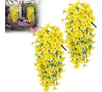 2PCS Artificial Hanging Baskets for Outdoor, Faux Morning Glory Hanging Flowers, Fake Hanging Plants for Garden, Porch, Window & Wedding Decor - Spring Outdoor Decorations (Yellow)