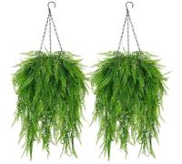 2Pcs Artificial Hanging Baskets Outdoor Artificial Fern Hanging Plants | UV Resistant Fake Plastic Hanging Plants Faux Boston Ferns DIY Chain Hanging Basket for Garden Front Door Porch Home Decor