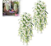 2PCS Artificial Hanging Flower Baskets - Realistic Fake Morning Glory & Silk Mums Basket, UV-Resistant Outdoor Faux Plants for Porch, Garden, Pergola - Spring Summer Home Wall Party Decor (White)
