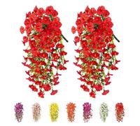 2Pcs Artificial Hanging Flowers Outdoor, Fake Trailing Plants Morning Glory Decoration UV-Resistant for Hanging Baskets - Spring Decor Garden Porch Wedding , Drooping Design for Pots & Patio (Red)