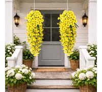 2Pcs Artificial Hanging Flowers Outdoor, UV Resistant Hanging Artificial Morning Glory Vine, 75cm Fake Flower Bouquet Hanging Vine Drooping Plants for Hanging Baskets Spring Decor (Yellow,2 PCS)