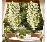 2Pcs Artificial Hanging Flowers Outdoor, UV Resistant Hanging Artificial Morning Glory Vine, 75cm Fake Flower Bouquet Hanging Vine Drooping Plants for Hanging Baskets Spring Decor (White,2 PCS)