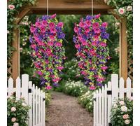 2Pcs Artificial Hanging Flowers Outdoor, UV Resistant Hanging Artificial Morning Glory Vine, 75cm Fake Flower Bouquet Hanging Vine Drooping Plants for Hanging Baskets Spring Decor (Purplish Red,6 PCS)