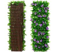 2Pcs Artificial Leaf Screening, Expandable Fence Privacy Screen, Decorative Faux Ivy Fencing Panel for Balcony Patio Outdoor, Artificial Hedges 30x180cm - Expanded (Purple Flowers)
