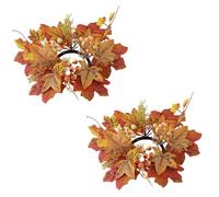 2Pcs Artificial Maple Leaves and Berries Candle Rings, Fall Candle Holders Small Candle Wreath Rings for Farmhouse Fall Thanksgiving Halloween Wedding Centerpiece Table Door Décor (B)