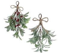 2pcs Artificial Mistletoe Picks, 24x12x5cm Artificial Frosted Mistletoe Sprigs with Red and White Berries, Realistic MistletoePick Hanging Ornament For Wreaths & Garlands, Tree, Home, Wedding Decor