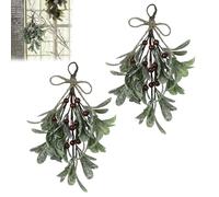 2PCS Artificial Mistletoe Picks, Christmas Simulated Mistletoe Branches, Fake Mistletoes Branches With Frosted Berries And Ribbon, Mistletoes Sprigs Decoration, Faux Berry Stems Ornament(Red)