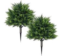 2PCS Artificial Outdoor Shrubs with Ground Spike, Green Faux Topiary Cypress Trees for Front Porch, Garden, Patio, Home & Commercial Exterior Décor