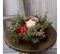 2Pcs Artificial Red Poinsettia and Gold Berry Candle Rings,Christmas Decor for Home, Velveteen Poinsettia Xmas Holiday Table Centerpiece Decorations (B)