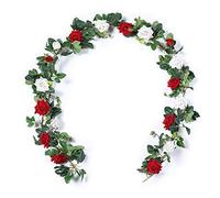 2pcs Artificial Rose Vines 5.5ft Velvet Flowers for Garland Hanging and Wedding Decor (Red and White). Home Door Wreaths Outdoor