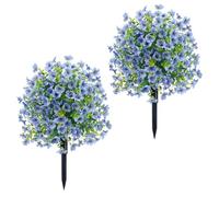 2Pcs Artificial Violet Flower Topiary Tree with Ground Spike, Fade Resistant Fake Plant 23in, Decorative Shrubs for Wedding Porch Indoor Outdoor Decor (Blue)