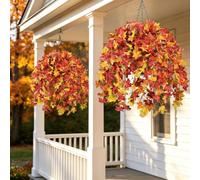 2Pcs Autumn Artificial Hanging Baskets Outdoor Autumn Decorations UV Resistant Faux Fake Hanging Baskets Fall Artificial Plants Silk Maple Leaf Fall Hanging Basket Planters for Garden Porch Home Decor