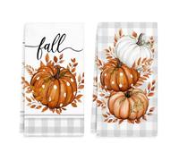 2Pcs Autumn Tea Towels, Pumpkin Eucalyptus Kitchen Dish Towel Set, 45x65cm | Decorative Dish Cloths for Autumn Decorations, Drying Glassware, Bar Cart, Cafe Shelf, Dining Table and Seasonal Home Decor