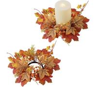 2Pcs Autumnal wreath, 9.8inch Harvest Day Maple Leaves, Fall Candle Maple Rings, Farmhouse wreath, Small Pillar Candle Holder, For Tabletop Decor