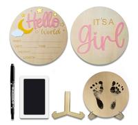 2Pcs Baby Announcement Sign Set, 5.9 Inch Hello World Newborn Sign and It’s a Girl Welcome Signs, Baby Name Sign with Ink Pad for Hand & Footprints, 3D Wooden Birth Gifts for Hospital Shower Nursery