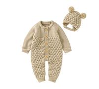 2Pcs Baby Boy Girl Sweater Romper with Bear Hat Solid Color Knitted Bodysuits Button-up Long Sleeve Knit Jumpsuit Jumper Winter Warm Knitwear Snowsuit 0-18 Months (Khaki, 0-3 Months)