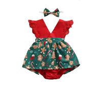 2Pcs Baby Girl Christmas Outfit Infant Babies 1st Toddler Xmas Party Dress Princess Tutu Romper with Headband Lace Flying Sleeves Printed Bodysuit Jumpsuit 0-24 Months (UK, Age, 12 Months, Red)