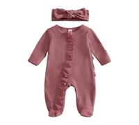 2PCS Baby Girl Romper,Infant Toddler Baby Girls Boys Fall Outfit Long Sleeve Print Ruffle Jumpsuit Zip Up Newborn Footies Romper Jumpsuit and Headband Toddler Winter Clothes (6-12 Months) Wine