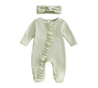 2PCS Baby Girl Romper,Infant Toddler Baby Girls Boys Fall Outfit Long Sleeve Print Ruffle Jumpsuit Zip Up Newborn Footies Romper Jumpsuit and Headband Toddler Winter Clothes (Green, 3-6 Months)
