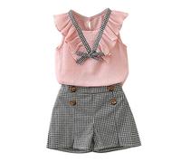 2PCS Baby Girls Clothes Set Toddler Kids ink Bow Top with Plaid Shorts Set - A Cute and Stylish Outfit for Girls 1-4 Years Old (Pink, 2-3 Years)